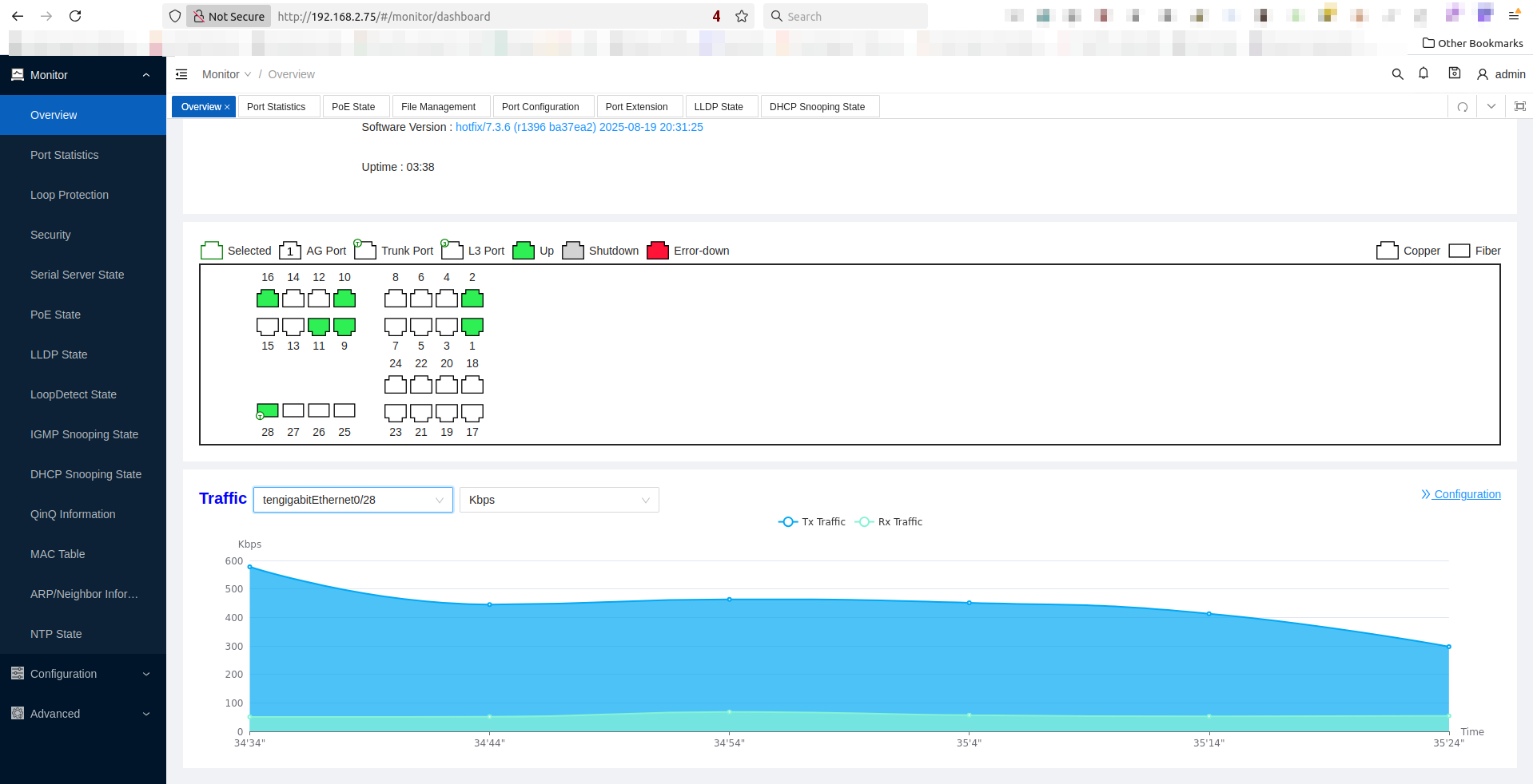 Overview Page, showing CPU and Memory usage, and interface statistics
