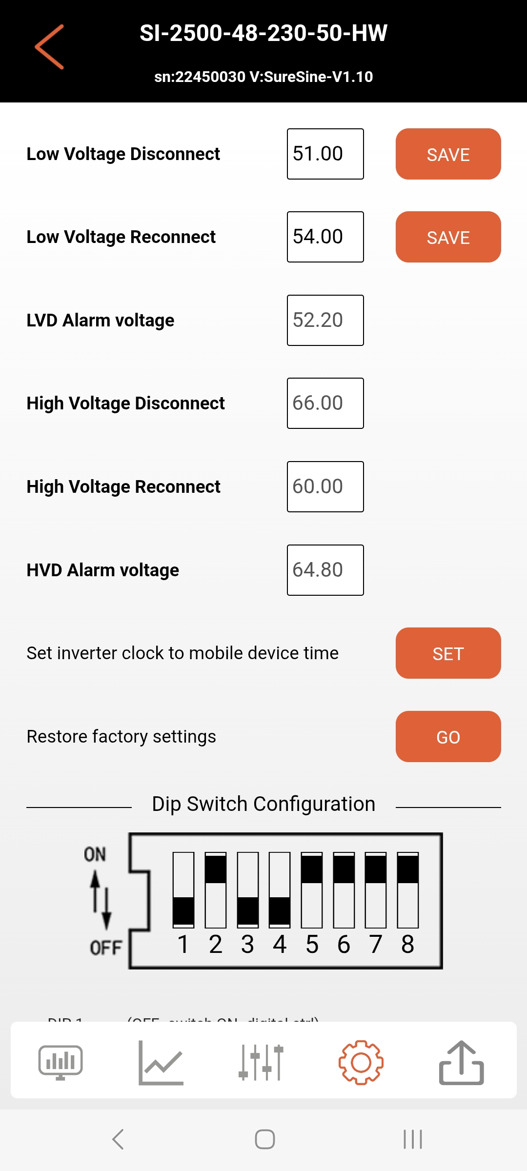 Screenshot of app showing LVD and HVD values, and the status of the DIP switches